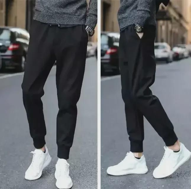 Men's Black Mid-Waist Striped Stretch Trousers with Velvet - Casual Autumn/Winter Loose Fit Jeans for Teens
