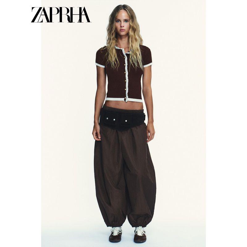Zaprha 2025 Autumn New Beautiful Contrast Color Knitted Short Sleeve Outerwear Women Cardigan Slim Fit Slimming 0014114