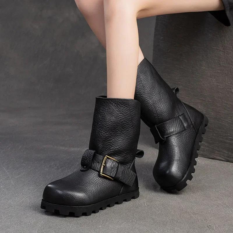 Fashion Top quality Spring Boots Slip on Chimney Ladies Women Shoes Cow Genuine Leather Ankle Booties Autumn Fashion Round Toe Moccasins
