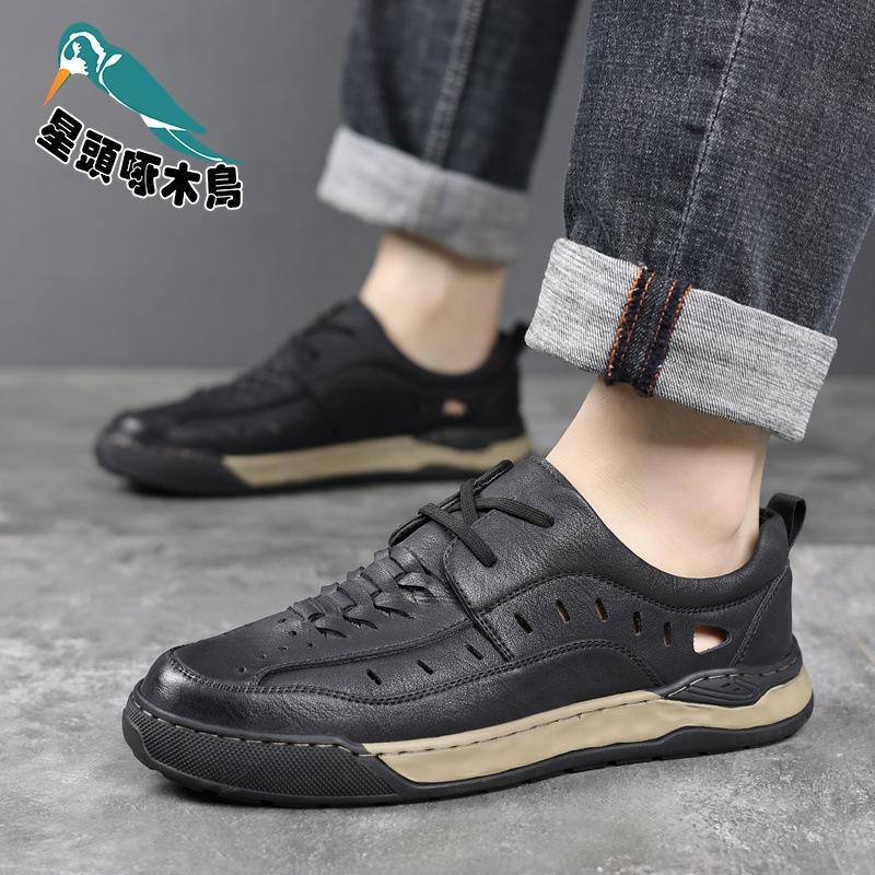 Men's Shoes 2025 Summer Casual Hollow Hole Shoes Breathable Sandals Men's Soft-soled Cool Leather Shoes