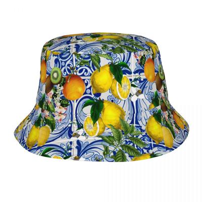 Mediterrâneo Limão Em Azulejos Cerâmicos Azuis Unissex Chapéus De Balde Personalizar Verão Viagem Praia Verão Citrus Fruit Hat