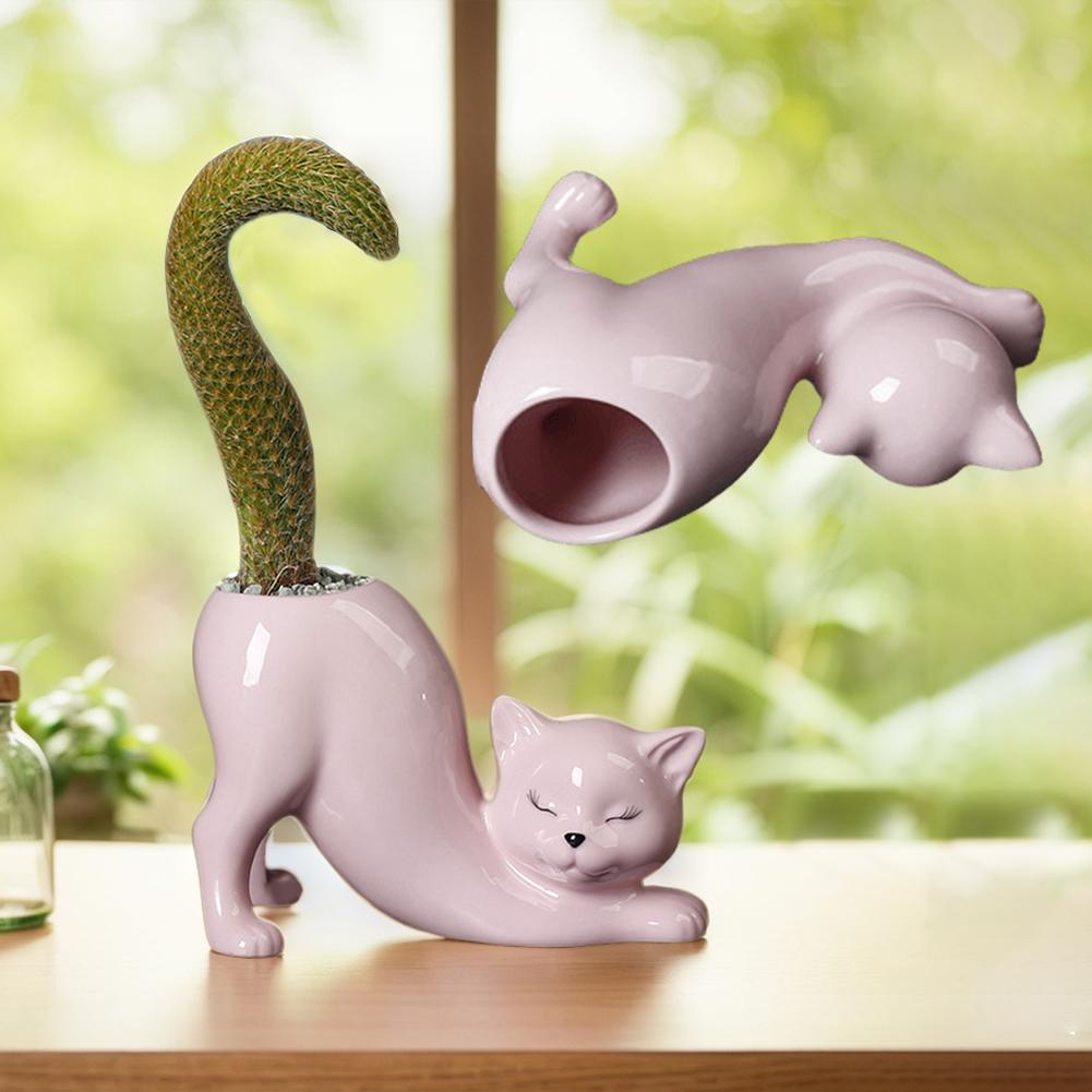 Ceramic Cat Shape Succulent Planter with Drainage Hole Cactus/Flower Container Garden Pots for Home Office Desk Windowsill Decor