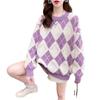 Rhombus Sweater Women's Purple Autumn and Winter Wear New Red Knitted Loose Top Crew Neck Bottoming Shirt