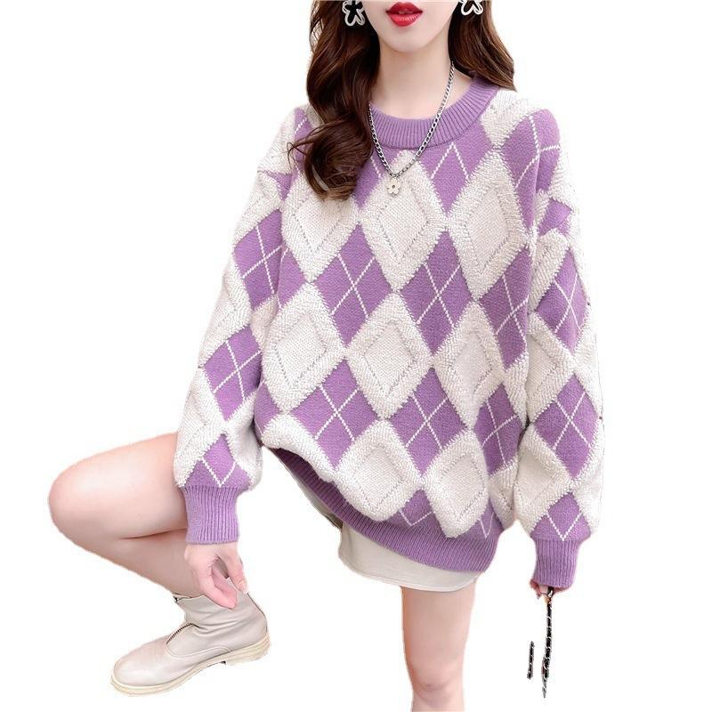 Rhombus Sweater Women's Purple Autumn and Winter Wear New Red Knitted Loose Top Crew Neck Bottoming Shirt