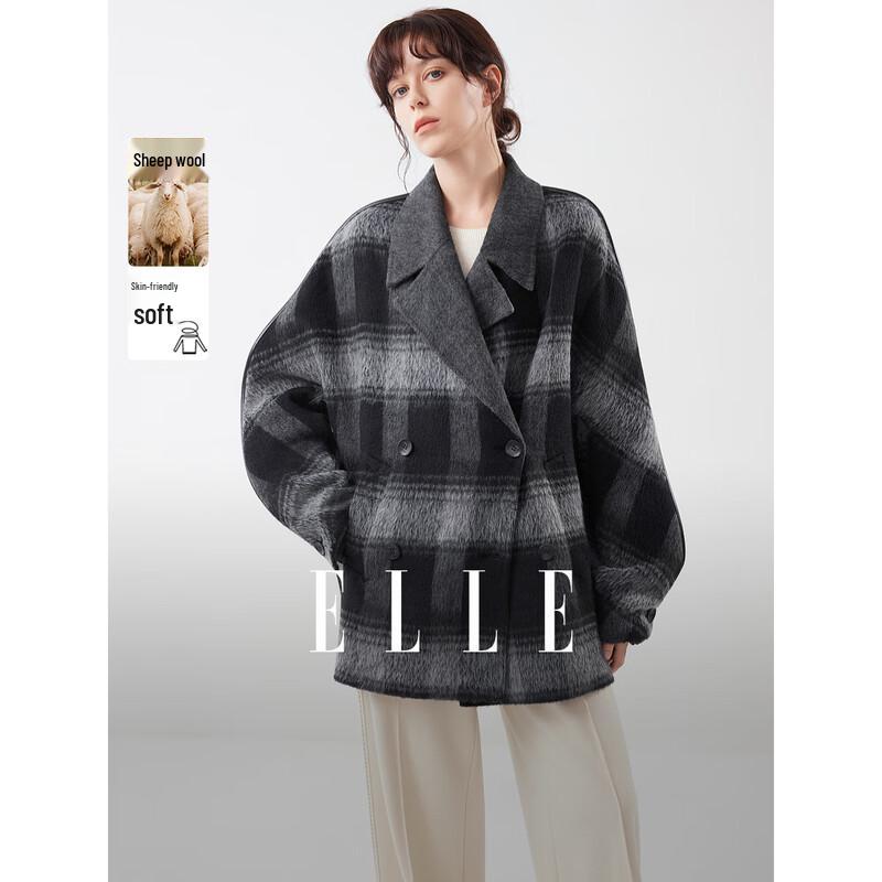 ELLE Women s Wool Blend Double-Faced Plaid Coat S