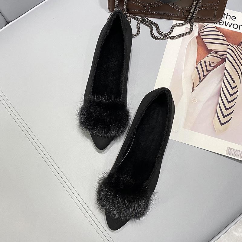 

2025 Женские туфли на массивном каблуке с острым носком из бархата и меха норки для осени/зимы Size 37