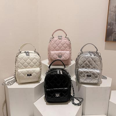 Fashion Cute Solid Color Quilted Small Backpack Chain Shoulder PU Leather Crossbody Purse Girls Daily Commuting Daypack