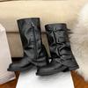 ~ Trendy Belt Buckle Stack Boots Round Head Pleated Medium Tube Knight Boots Women's Autumn Knight Boots