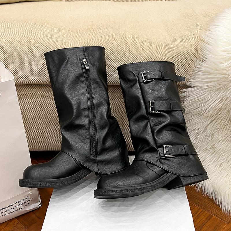 ~ Trendy Belt Buckle Stack Boots Round Head Pleated Medium Tube Knight Boots Women's Autumn Knight Boots