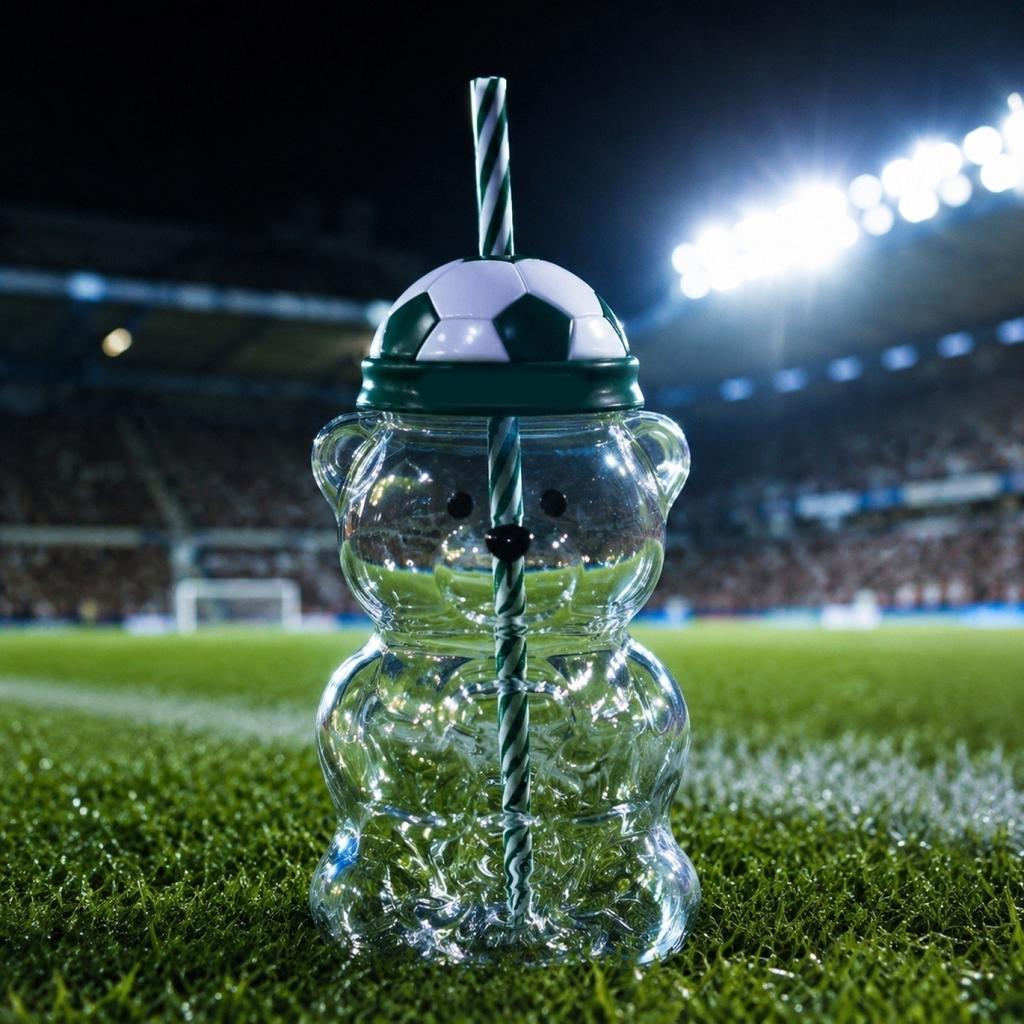 Reusable Glass Straw Cup with Bear-Shaped Body and Removable Lid Featuring Sports-Themed Design Suitable for Cold and Hot Beverages