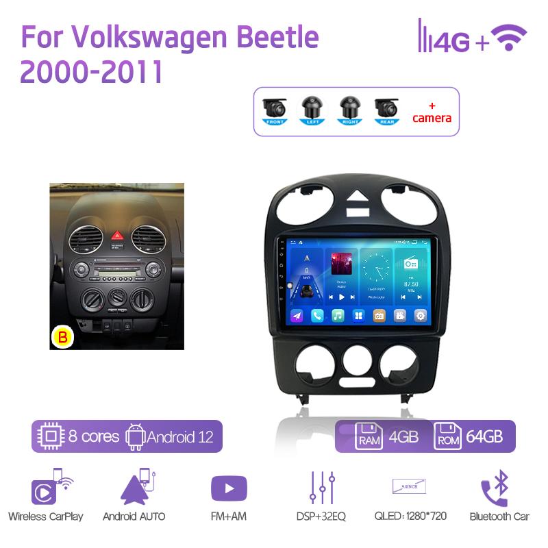 9.0Inch Car Multimedia Player For Volkswagen Beetle 2000-2011 GPS Navigation Radio Android12 8+128G 8Core CarPlay 4G 360Camera