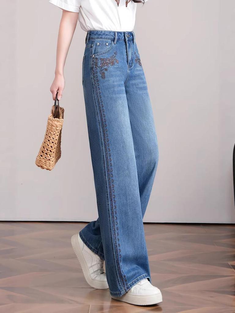 Jeans Évasés Brodés Style Rétro Américain pour Femmes - Collection Printemps/Automne 2026 Pantalons Amples Amincissants Coupe Droite Longueur Cheville Tendance