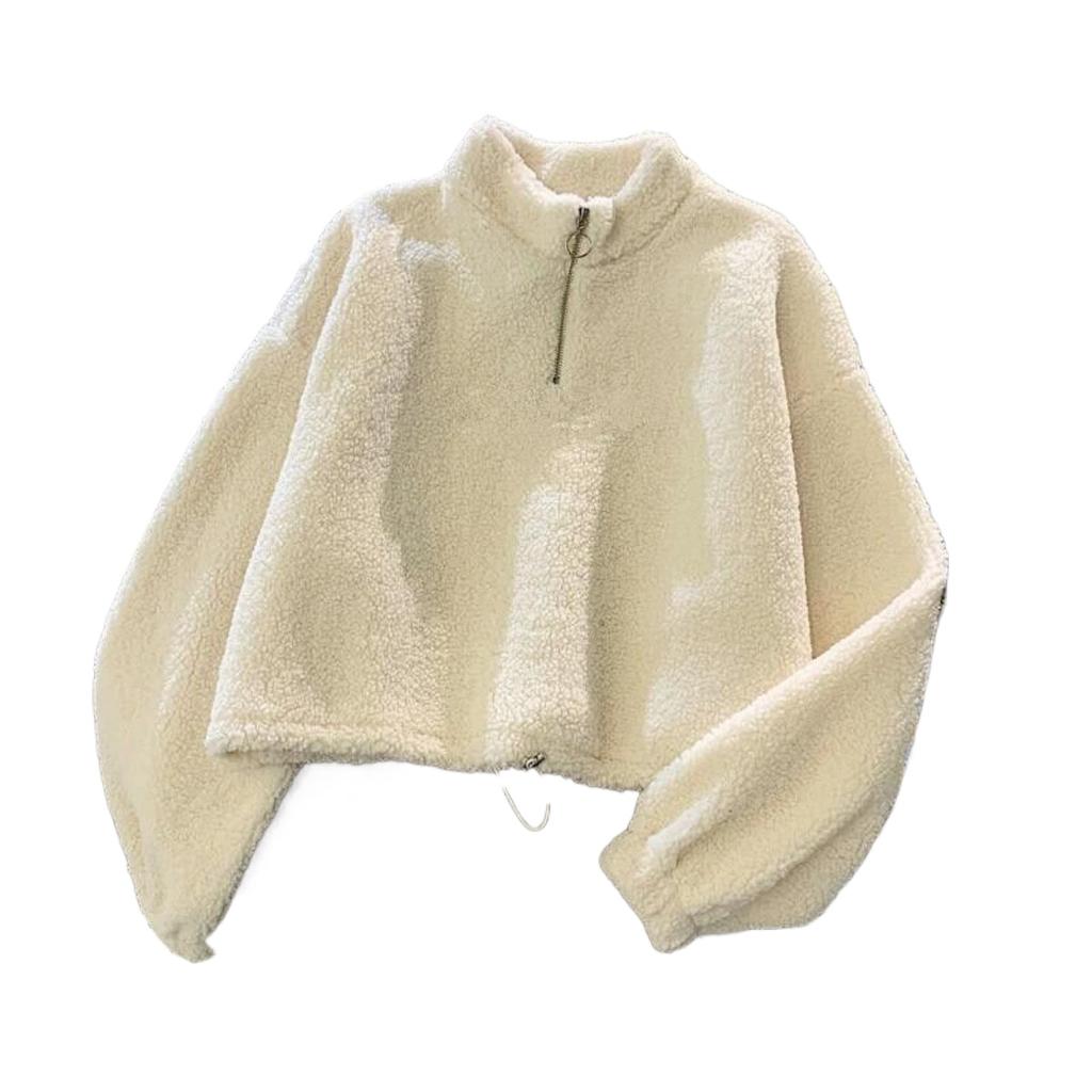 Half High Collar with Thick Wool Imitation Lamb Fur Short Hoodie, Women's Korean Version, Student Autumn and Winter Warm Jacket