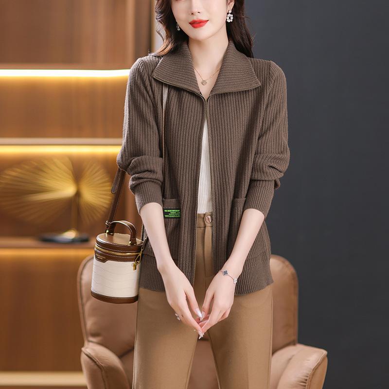 Women's Cardigans Sweaters Outerwear Spring and Autumn Knitwear Lapels Zippered Pockets