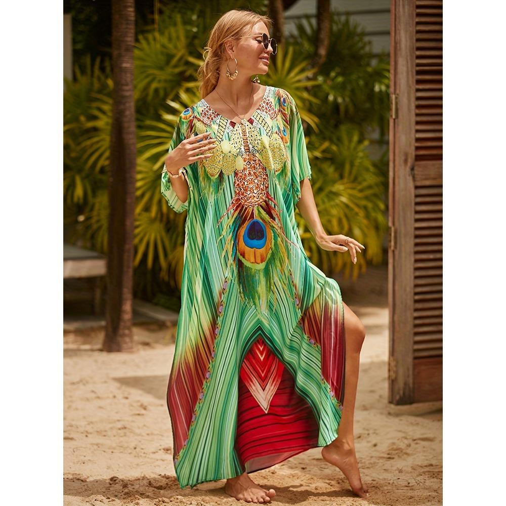 Plus Size Boho Cover Up, Women's Plus Painting Print Bat Sleeve V Neck Split Hem Maxi Cover Up Dress