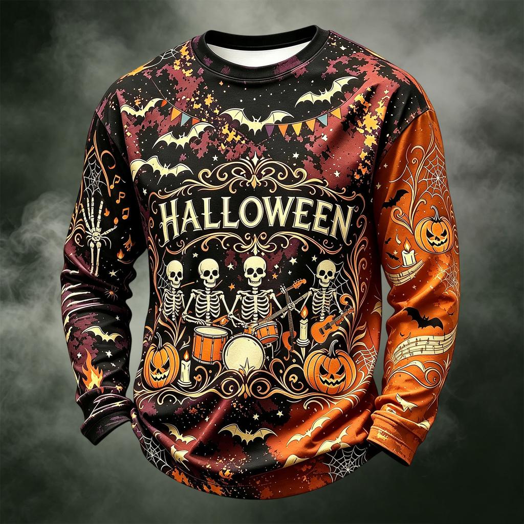 Men's Casual Long Sleeve Crewneck Knit Shirt with Halloween Print