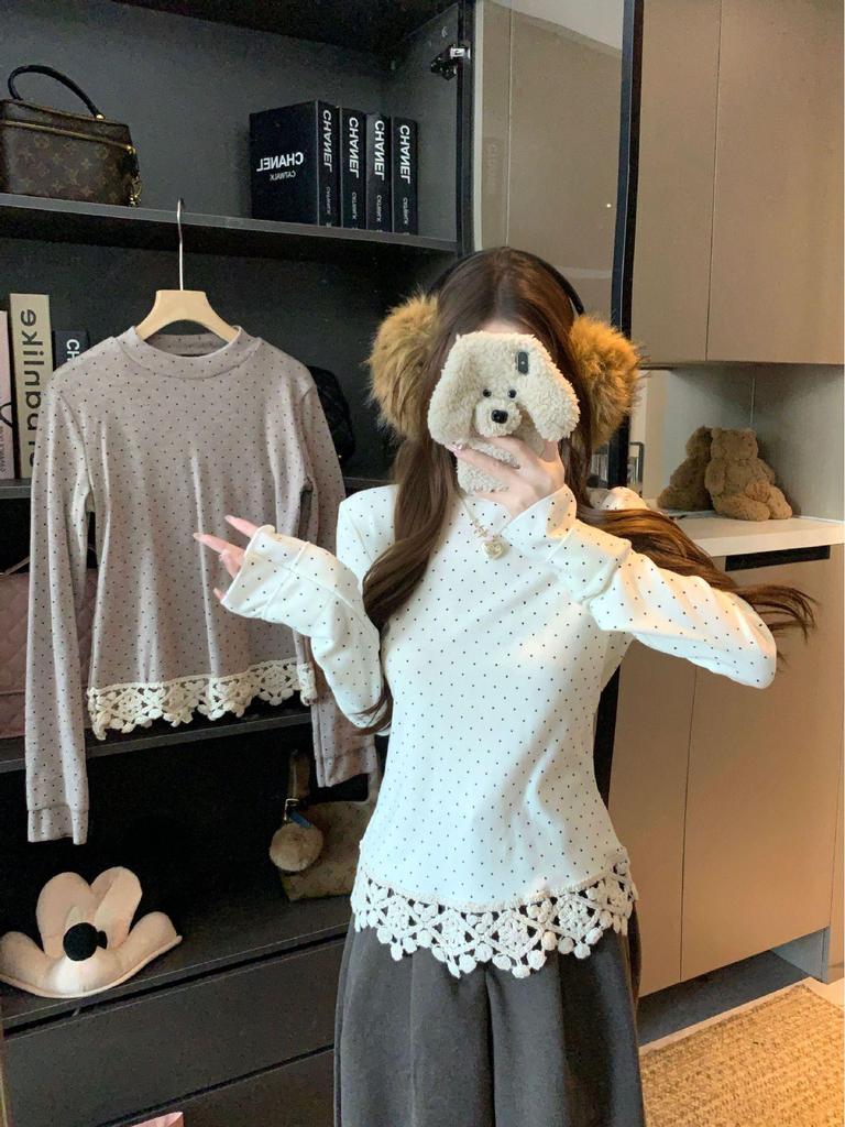 Retro French Polka Dot Slim-Fit Long-Sleeve Women's T-Shirt, Autumn/Winter Collection