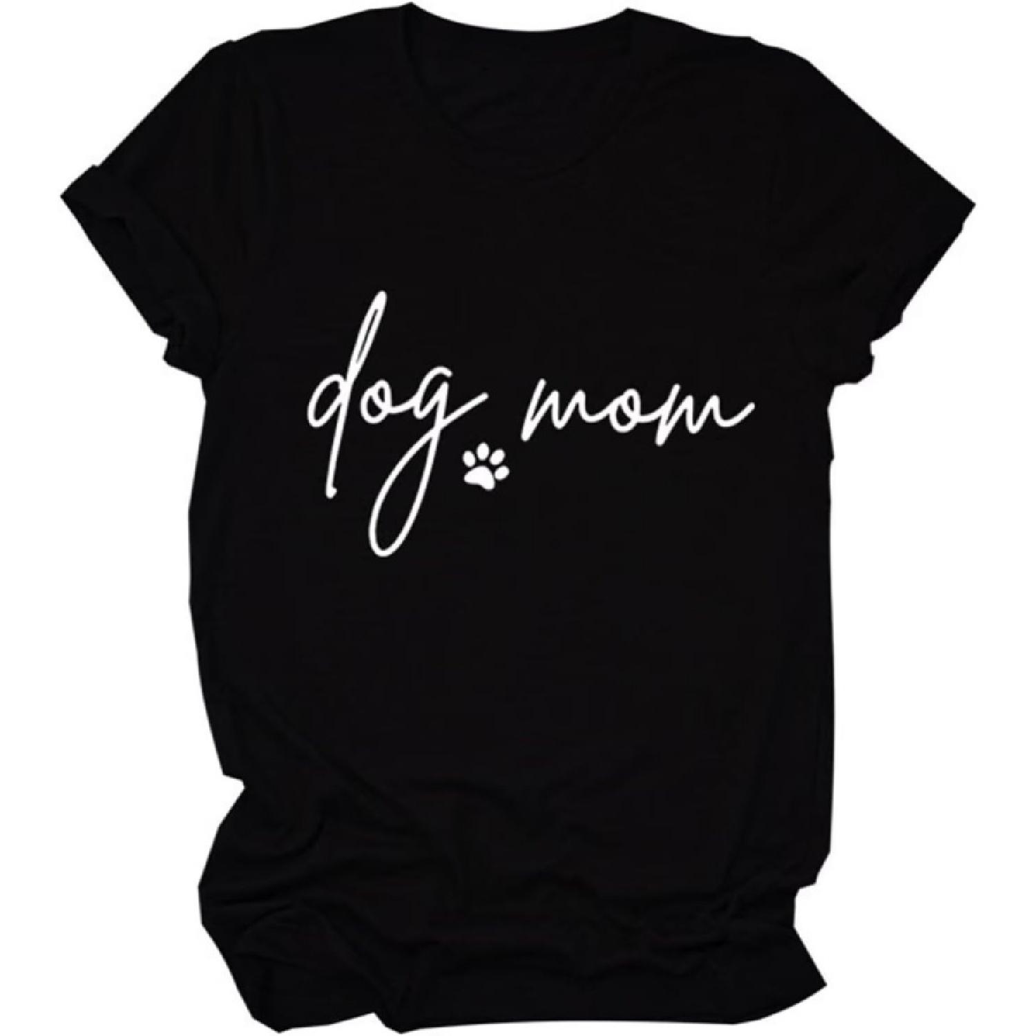 Dog Mom T-Shirt Women Funny Paw Print Love Heart Short Sleeve Mama Graphic Tee Tops Mom Gifts Casual Summer Shirt S чёрный