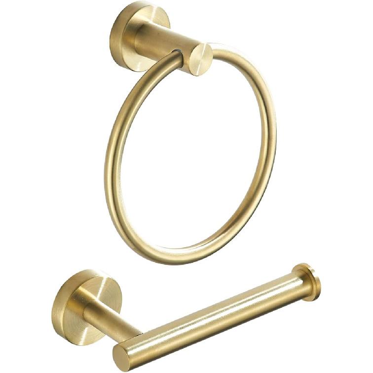 Toilet Paper Holder Towel Ring Brushed Gold Bathroom Hardware Hand Towel Holder Bathroom Accessories Set Wall Mount Stainless Steel 2 Pieces