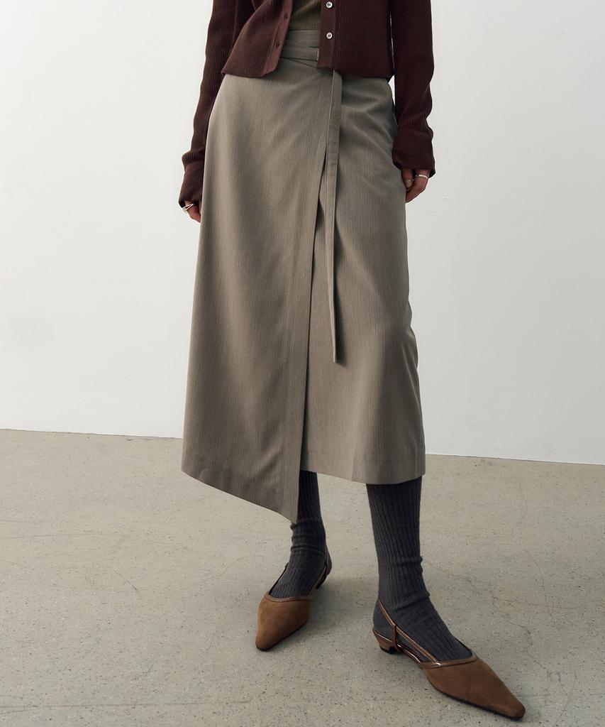 Noir For Woman Belted Striped Wrap Skirt (Khaki Beige)