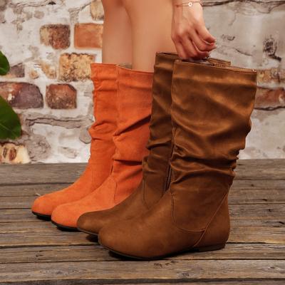2026 Neue Schuhe für Damen Frühling Kniehohe Stiefel Schwarz Weiß Hohe Stiefel Frau Falten Niedriger Absatz Freizeit Leder Damen Lange Schuhe