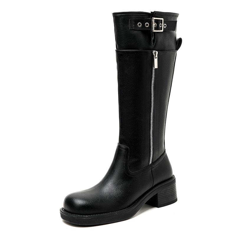 Retro kozačky pod koleno Dámské s přezkou 4 roky nové Robustní podpatek Dlouhé motorkářské boty Dámské Zvýšení výšky Dlouhé boty Dámské