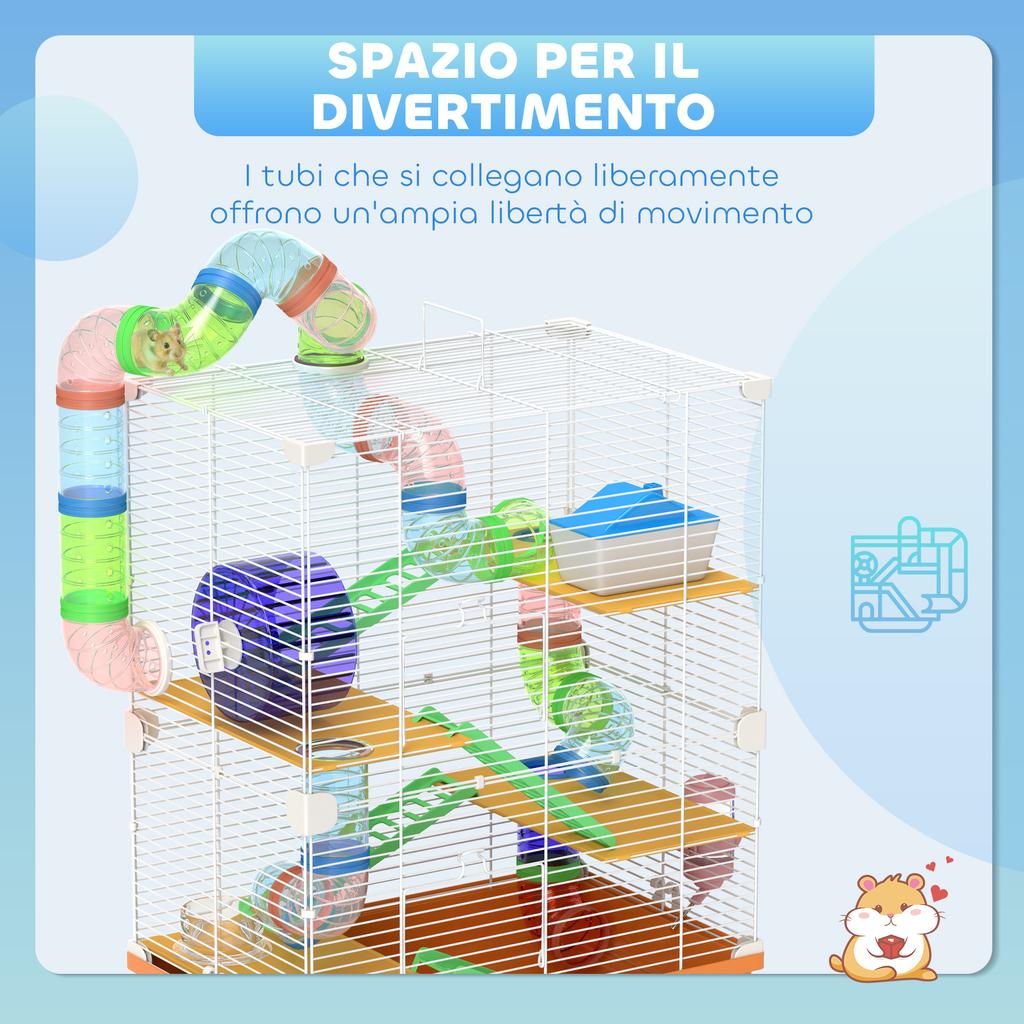 5-Tier Hamster Cage with Tubes, Wheel, Ladders, House and Bottle, 46x30x58 cm, Orange