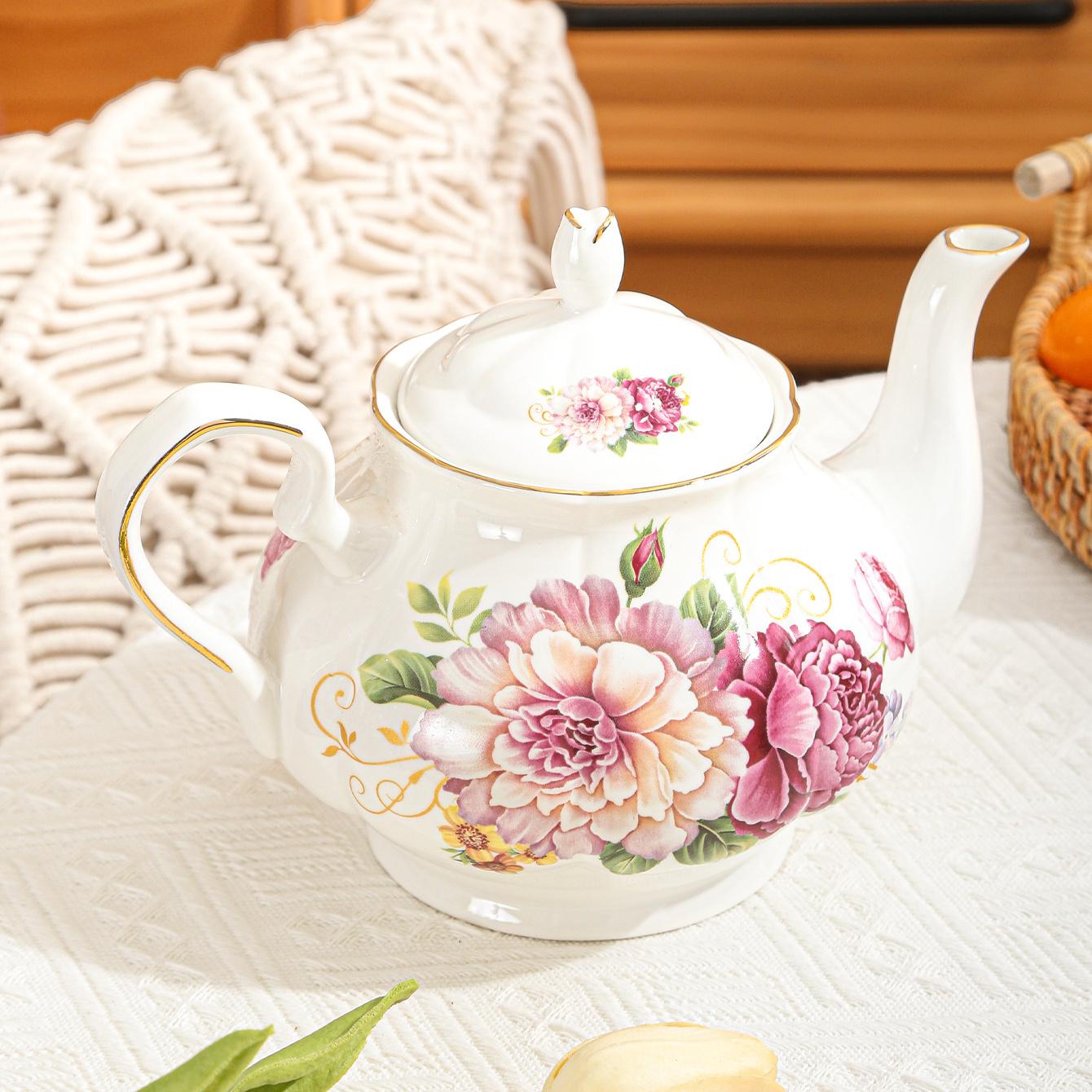 

Элегантный чайник из костяного фарфора с цветочным принтом и золотой оправой | Многоцелевой продукт в европейском стиле для чая и кофе. Идеальный подарок. Pink Flower