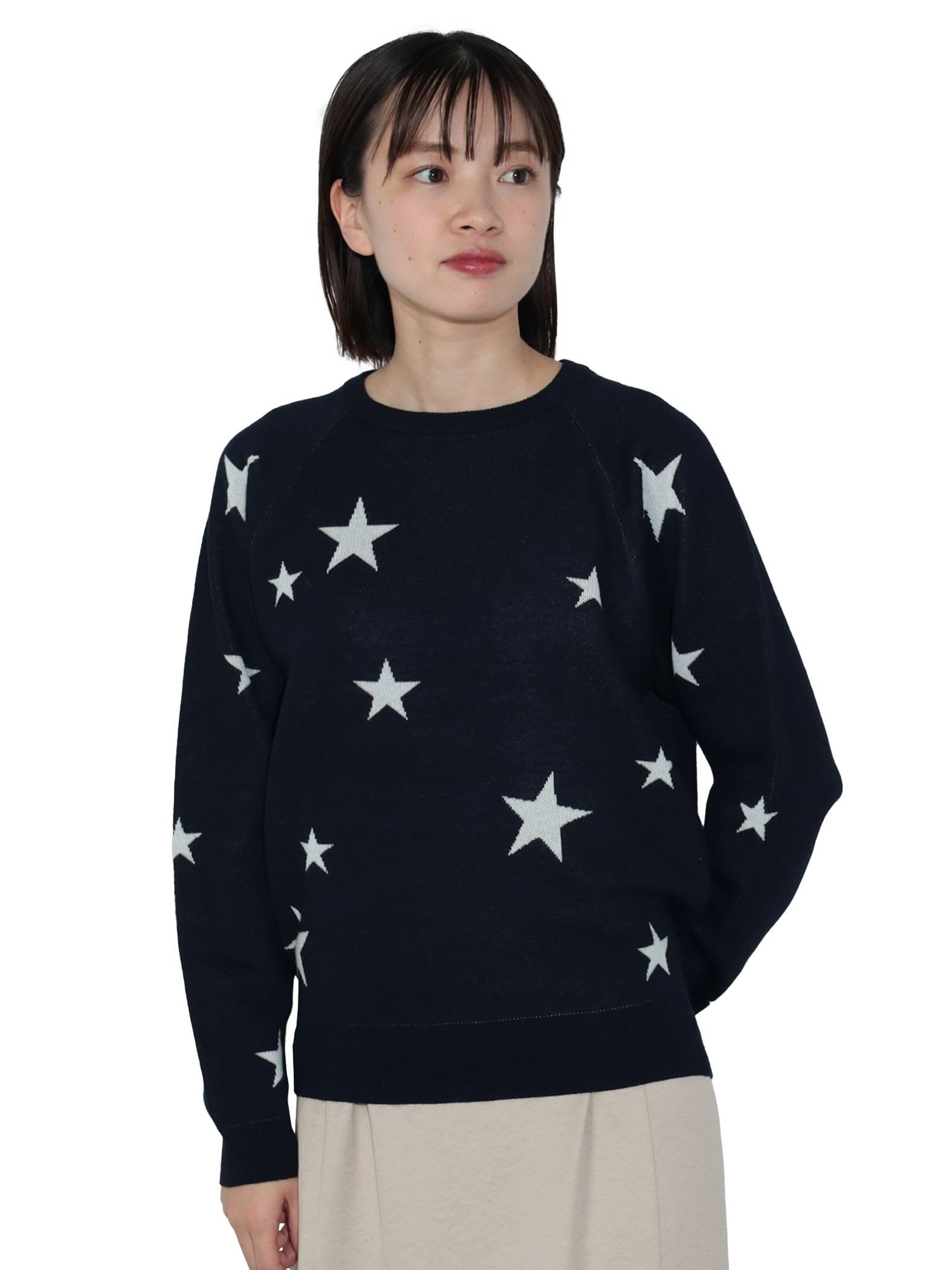 

Beams Heart Star Print Crew Neck One Size Women s L/S Knit, Navy,