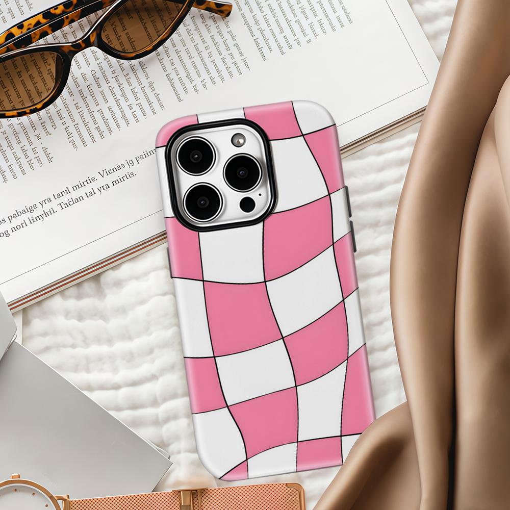 Wavy Pink Checkered Phone Case for IPhone 17 16 15 14 13 Pro Max Plus for Magnetic Single Double-layer Tough Case