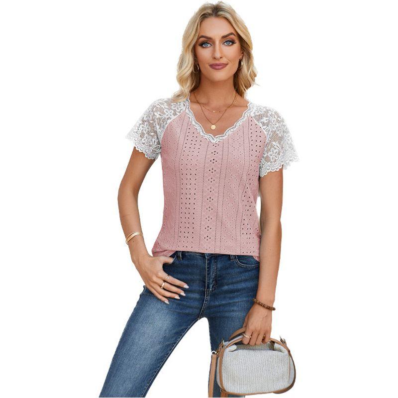Lace Patchwork V-neck Breathable Top European and American Style Lace Patchwork V-neck Casual Tops