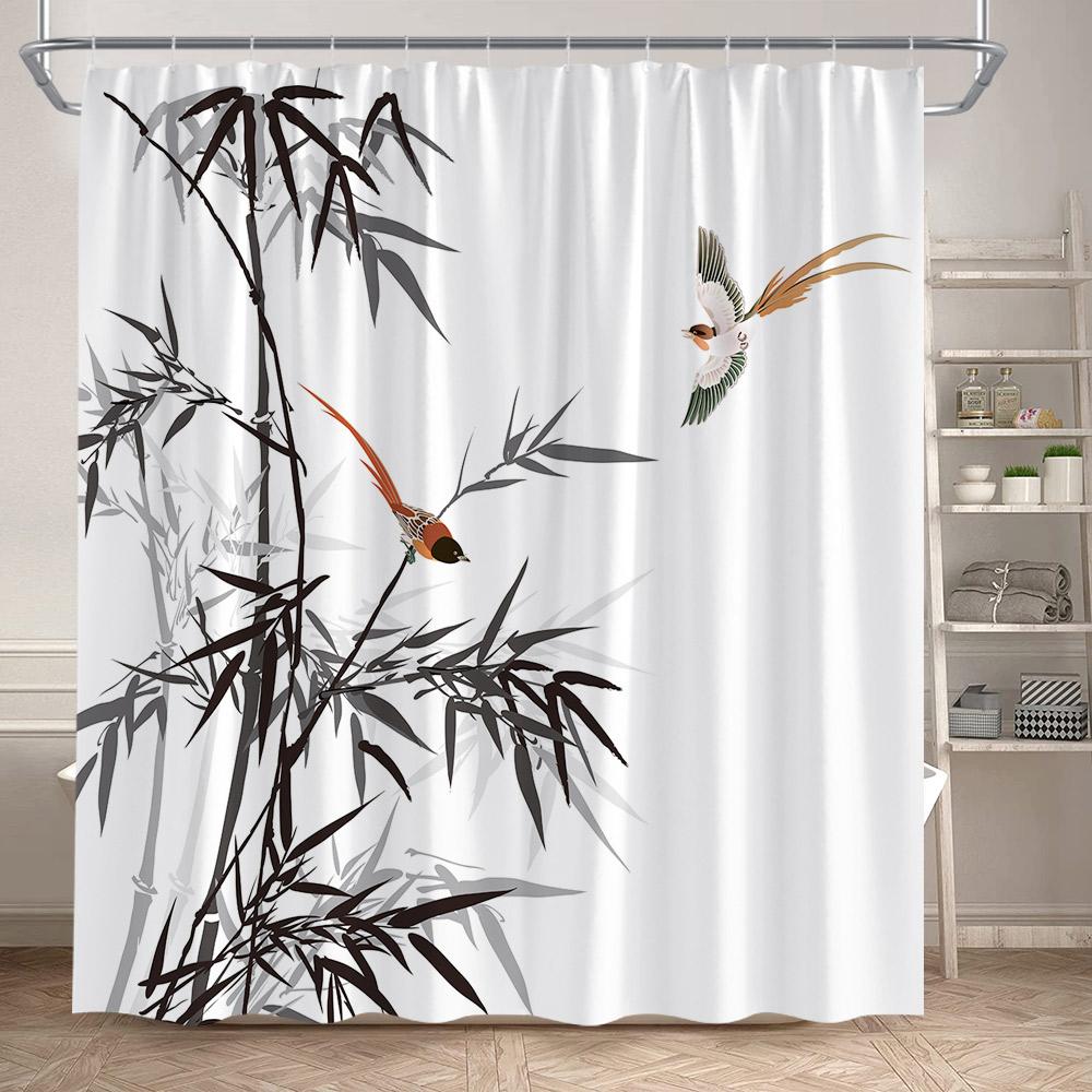 Ink Landscape Shower Curtain Black Bamboo Bird Abstract Mountain Water Chinese Style Bath Curtain Waterproof Home Bathroom Decor
