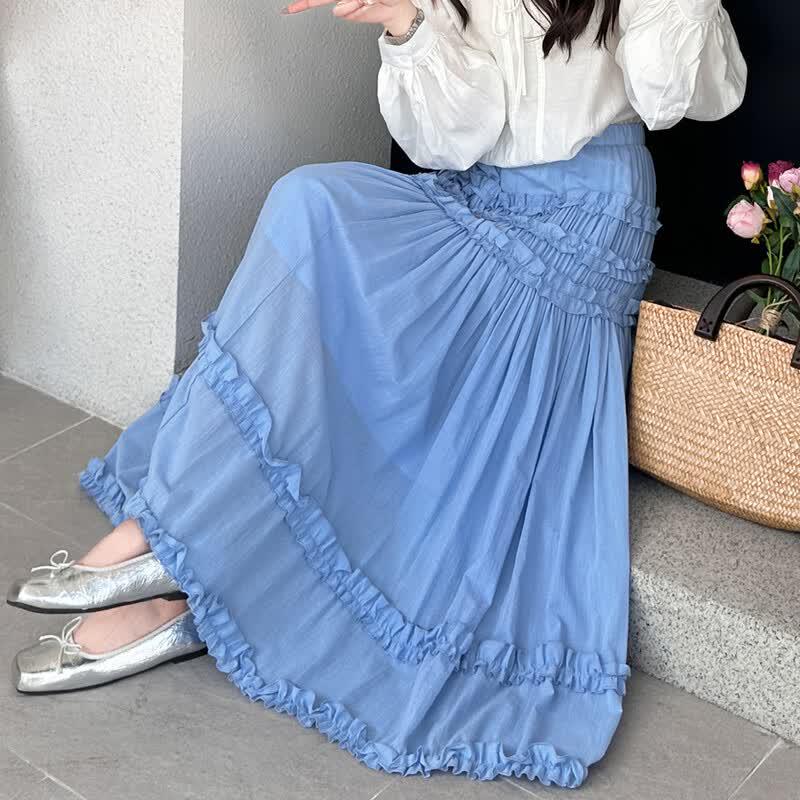 Bailuyu Women s Summer High-Waist A-Line Pleated Ruffle Long Skirt M
