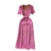 Ladies Temperament Square Neck Metal Button Slim Short Sleeve Lace Long Dresses