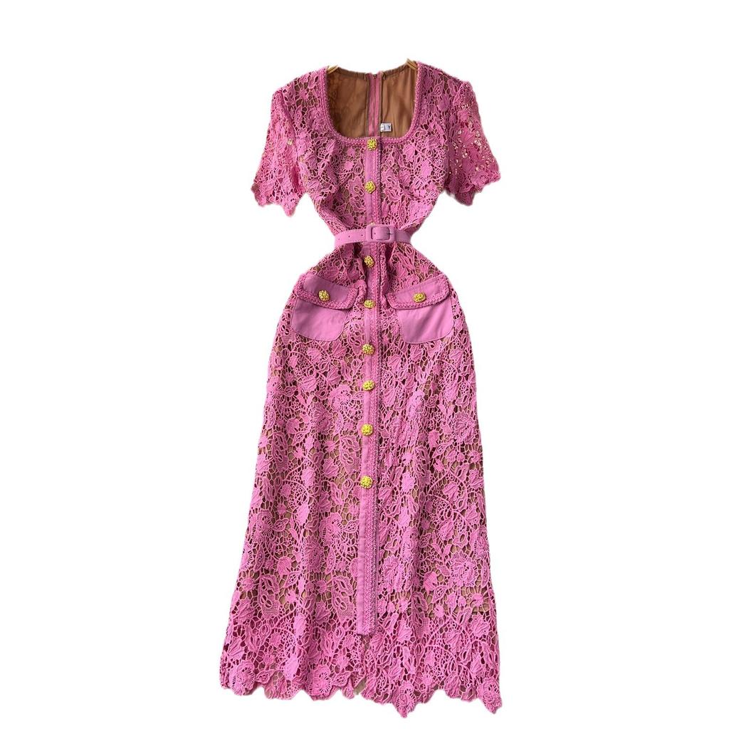 Ladies Temperament Square Neck Metal Button Slim Short Sleeve Lace Long Dresses