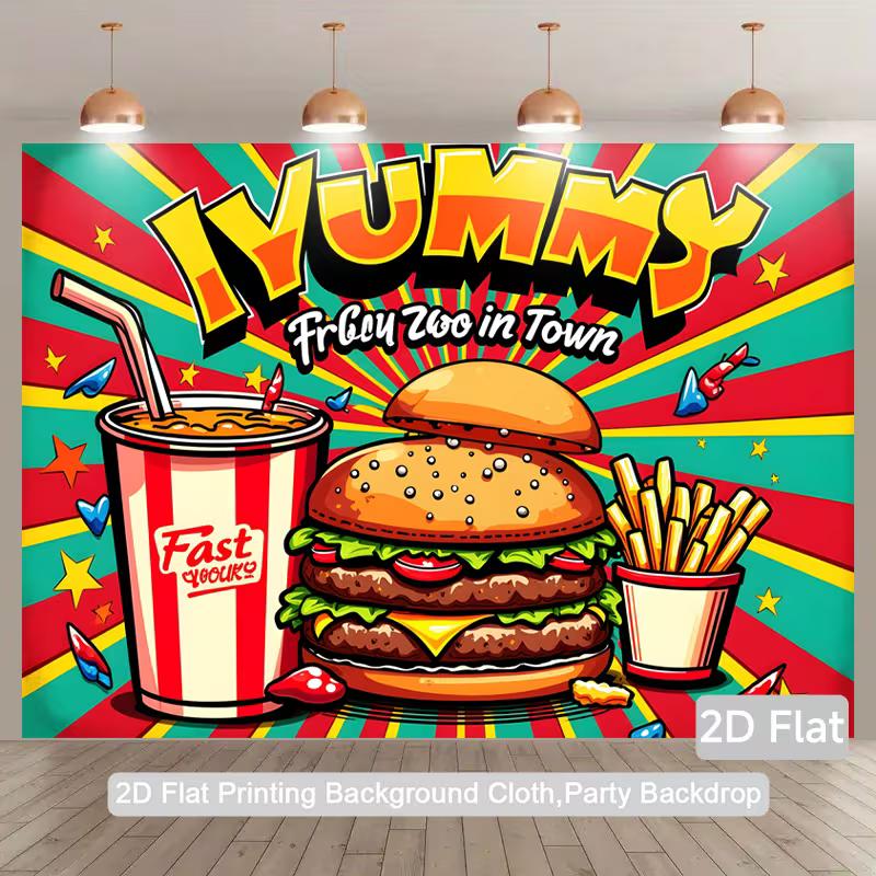 

2D Pop Art Fast Food Backdrop Colorful Burger Soda Kids Birthday Party Background 47.2x31.5inch/120*80cm
