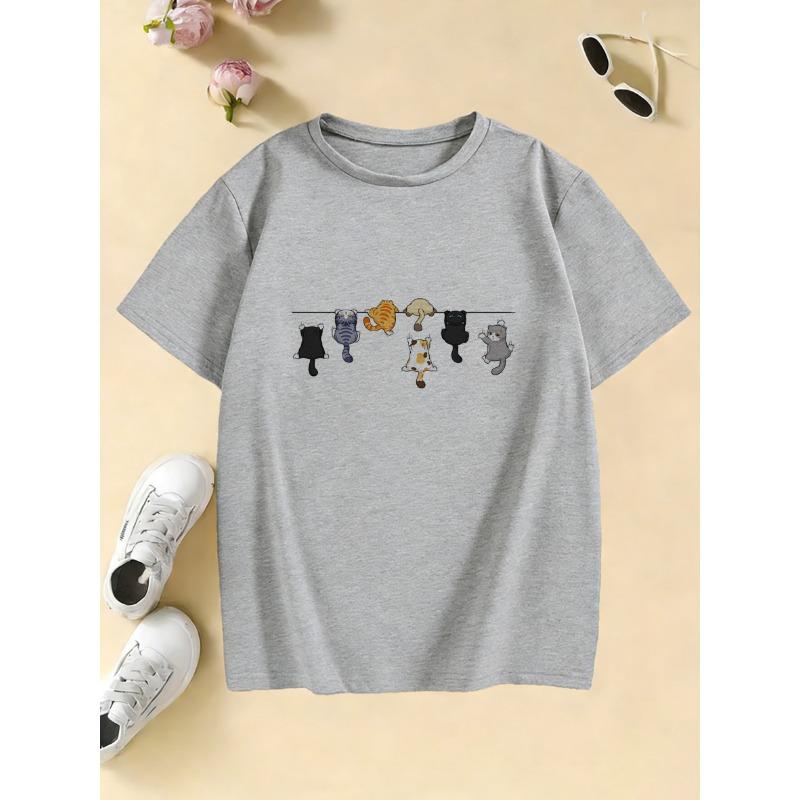 Kletternde Katze Muster Trendiges Design Druck T-Shirts Kurzarm Kinder Kinder-T-Shirt Jungen Mädchen Sommer Frühling Lässiges Oberteil Tee