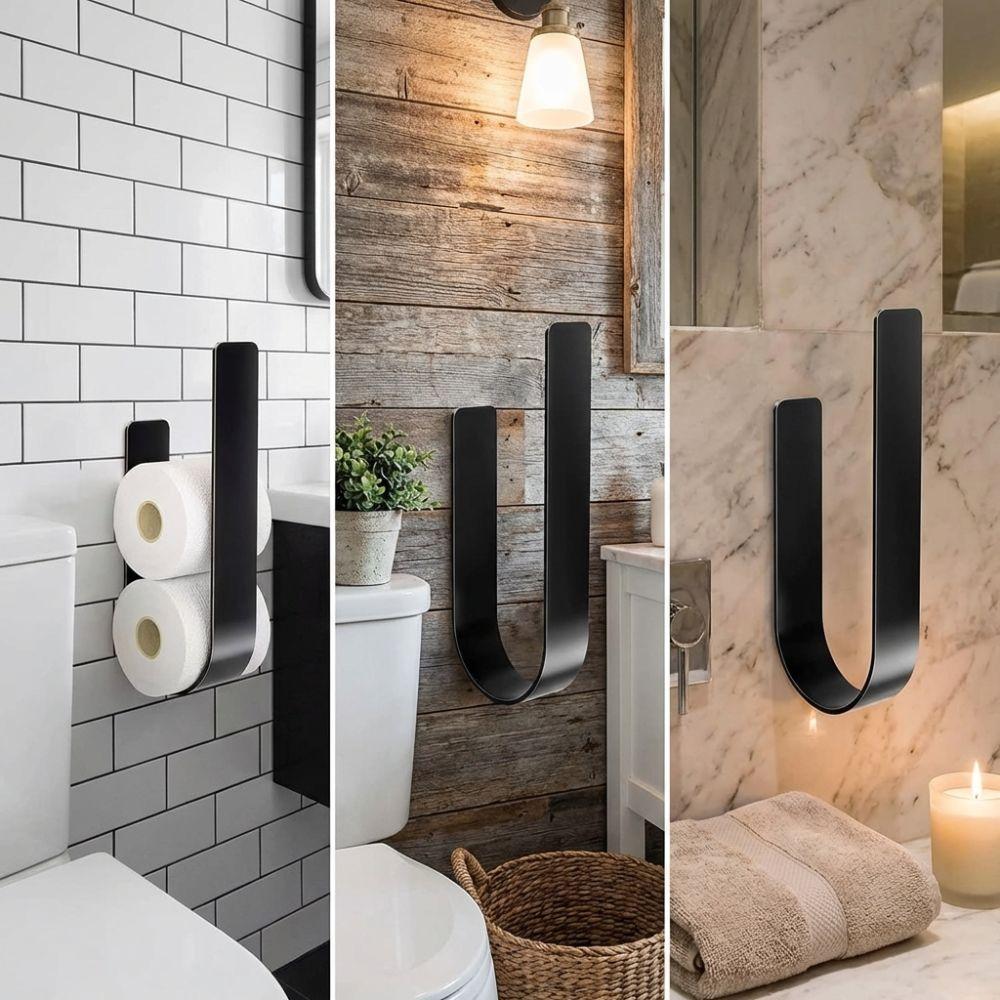 Wall-Mounted Toilet Paper Holder Iron U Shaped Tissue Storage Shelf Storage Hooks Space-Saving Towel Rack Bathroom