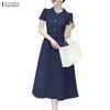 Women Casual Turn Down Collar Short Sleeve Patchwork Lace Dress