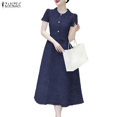 Women Casual Turn Down Collar Short Sleeve Patchwork Lace Dress