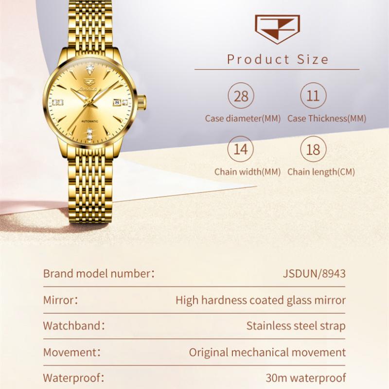 JINSHIDUN Nuevo reloj de negocios y ocio para damas Forma mecánica Calendario Luminoso con incrustaciones de diamantes Reloj impermeable de alta gama