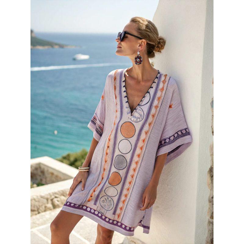 New Amazon Women's Clothing Super Fairy V-Neck Dress Seaside Vacation Beach Dress Printed Loose Mid-Length Dress