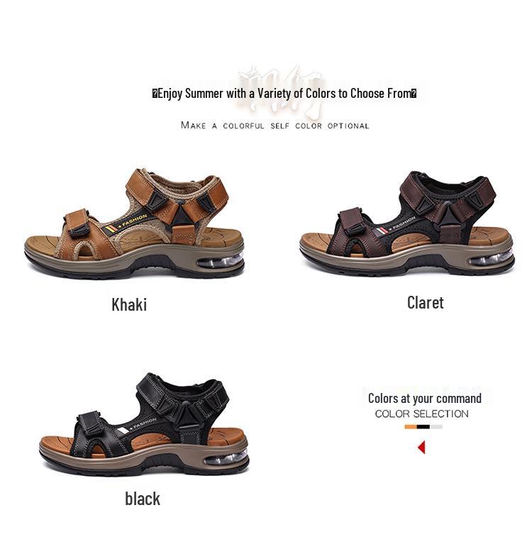 Men's Casual Genuine Leather Open-Toe Beach Sandals with Air Cushion - Lightweight and Plus Size for Outdoor Activities.