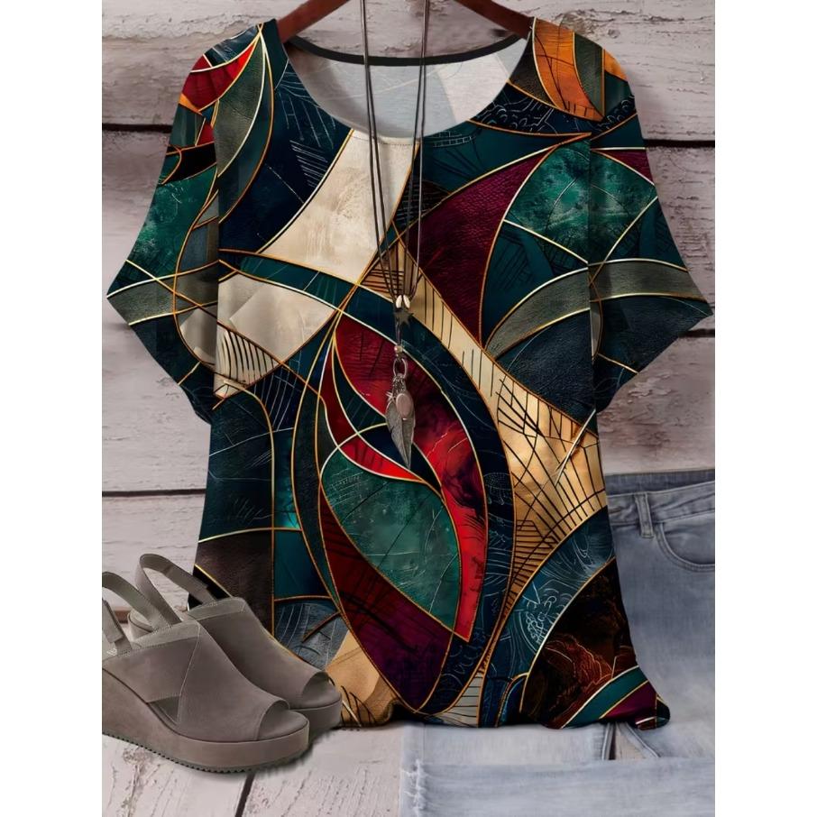 XL-7XL Plus Size Women's Men Casual 3D Print Loose V Neck Short Sleeved T-shirt Top