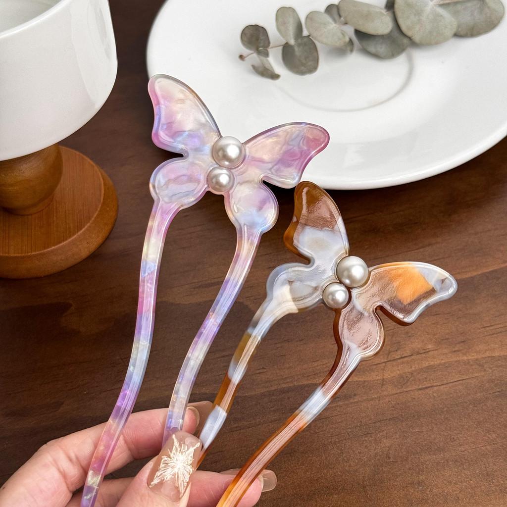 Elegant fjärilshårnål gjord av acetat med pärlinläggning Snygg U-formad hårpinne