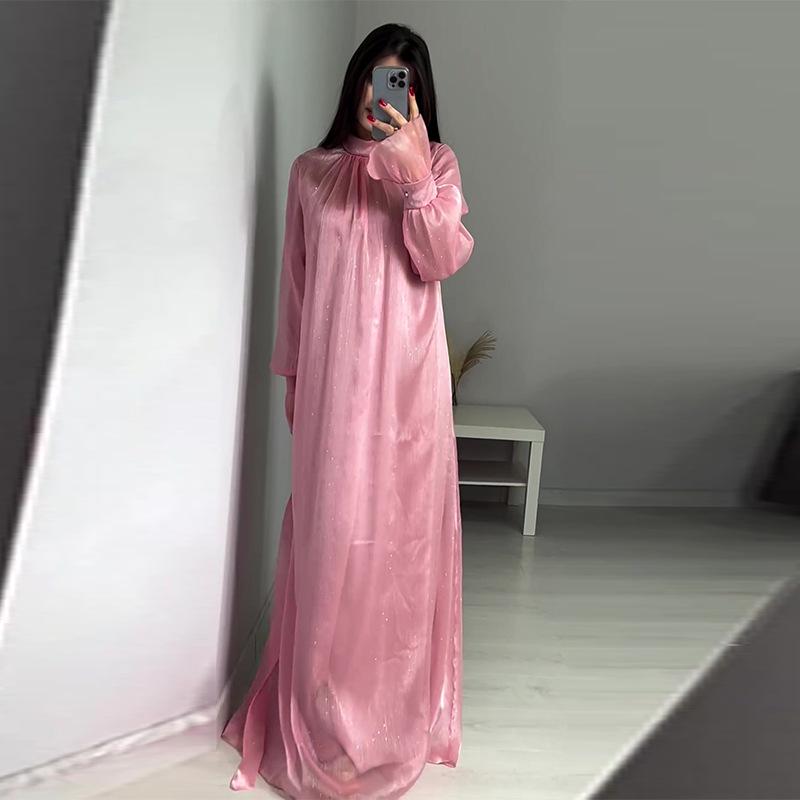 2024 Autumn Elegant European & American Lace-Up Waist-Cinching Glass Yarn Dress for Women