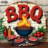 Placca in Latta BBQ Burger Fiamme Carne Griglia Cucina Esterna Decorazione Murale Stile Vintage Targhetta Metallica Retrò per Festa Barbecue Ristorante