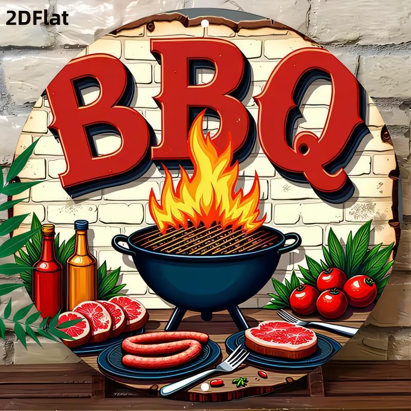 Placca in Latta BBQ Burger Fiamme Carne Griglia Cucina Esterna Decorazione Murale Stile Vintage Targhetta Metallica Retrò per Festa Barbecue Ristorante