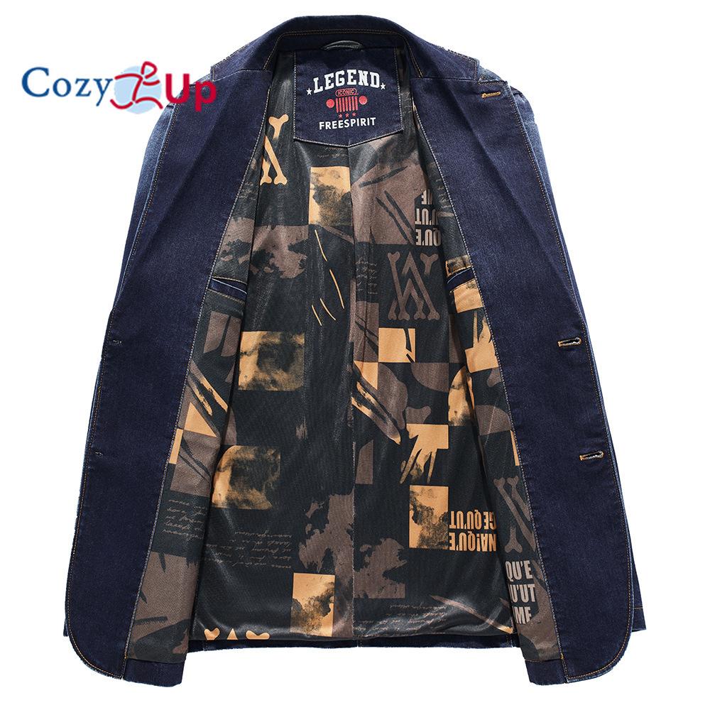 Cozy Up Men`s Vintage Label Collar Denim Jeans Jacket Trench Coat
