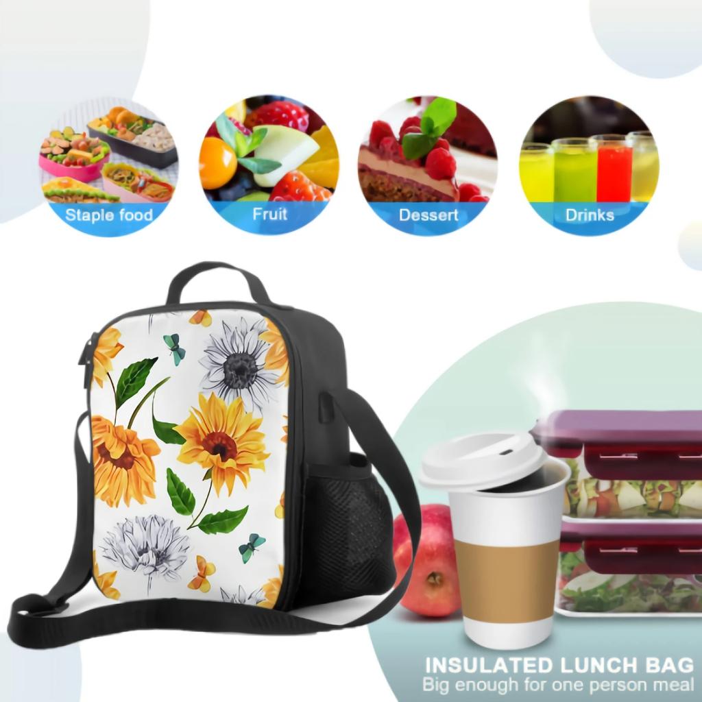Watercolor Sunflowers And Butterflies Insulated Lunch Box Cooler Bag with Adjustable Shoulder Strap Bento Bag for Travel Picnic